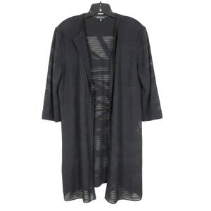 MING WANG Black SEMI-SHEER Geo/Stripes 3/4 SLEEVES Knit Sweater Cardigan Sz XL
